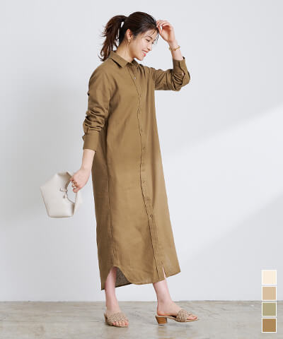 リネン混ロングシャツワンピース