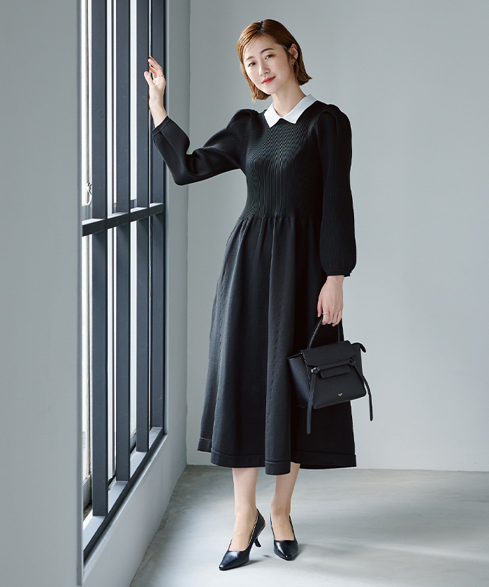 定価10万程　ドゥロワー drawer パフスリーブニットワンピース黒サイズ1 定価10万程 ドゥロワー drawer パフスリーブニットワンピース黒サイズ1