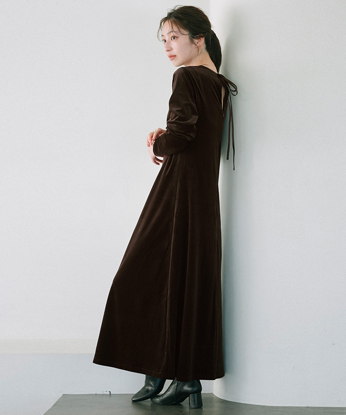 morphose リボン バック ベロア ロングドレス ワンピース 半袖 ブラウン.jpg