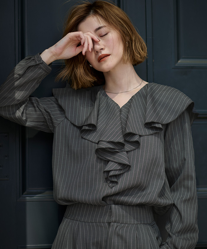 アディアム リリートップ ラッフル Ｖネック フリル ブラウス プルオーバー ストライプ.jpg